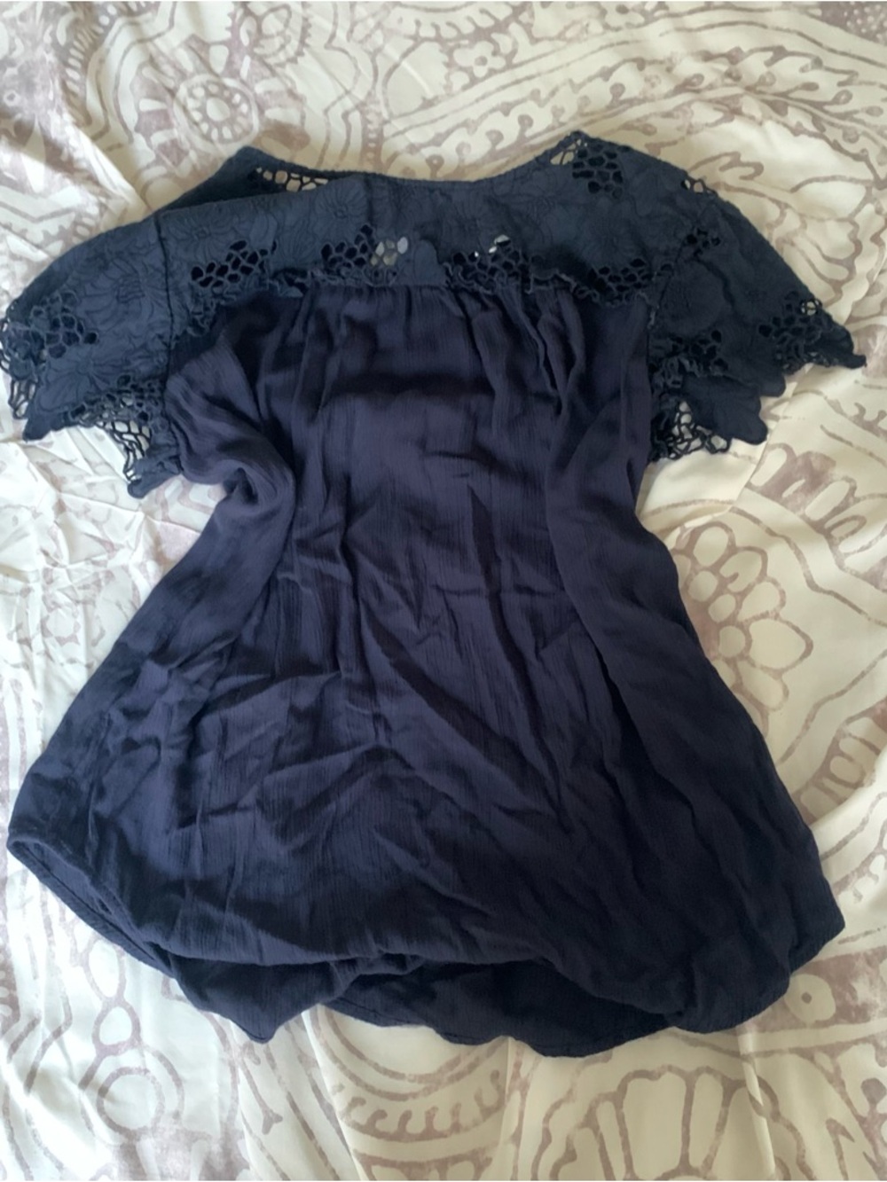 Women’s Navy Lace Yoke Short Sleeve Top